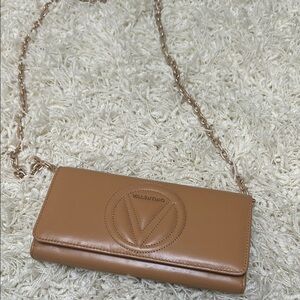Valentino-Inspired Tan Leather Chain Crossbody Wallet